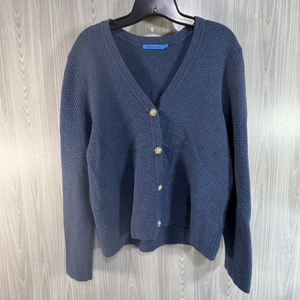 J‎ McLaughlin Sweater Blue Textured Knit V Neck Button Front Cardigan Size M